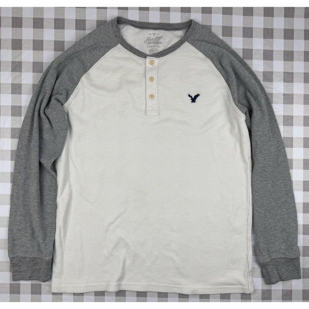American Eagle Heritage Thermal Henley Shirt XL Waffle Raglan